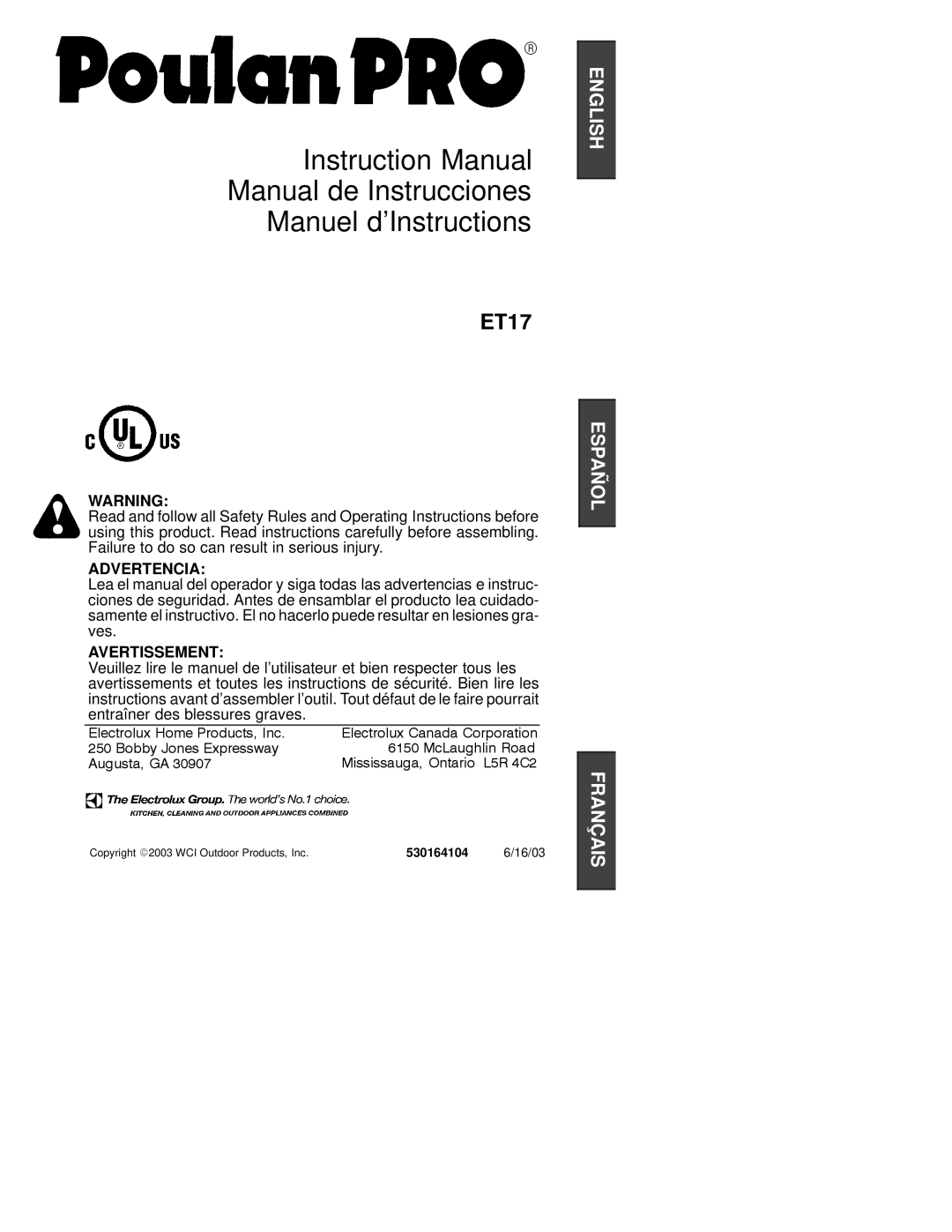 Poulan ET17 instruction manual Advertencia, Avertissement, 530164104, 16/03 