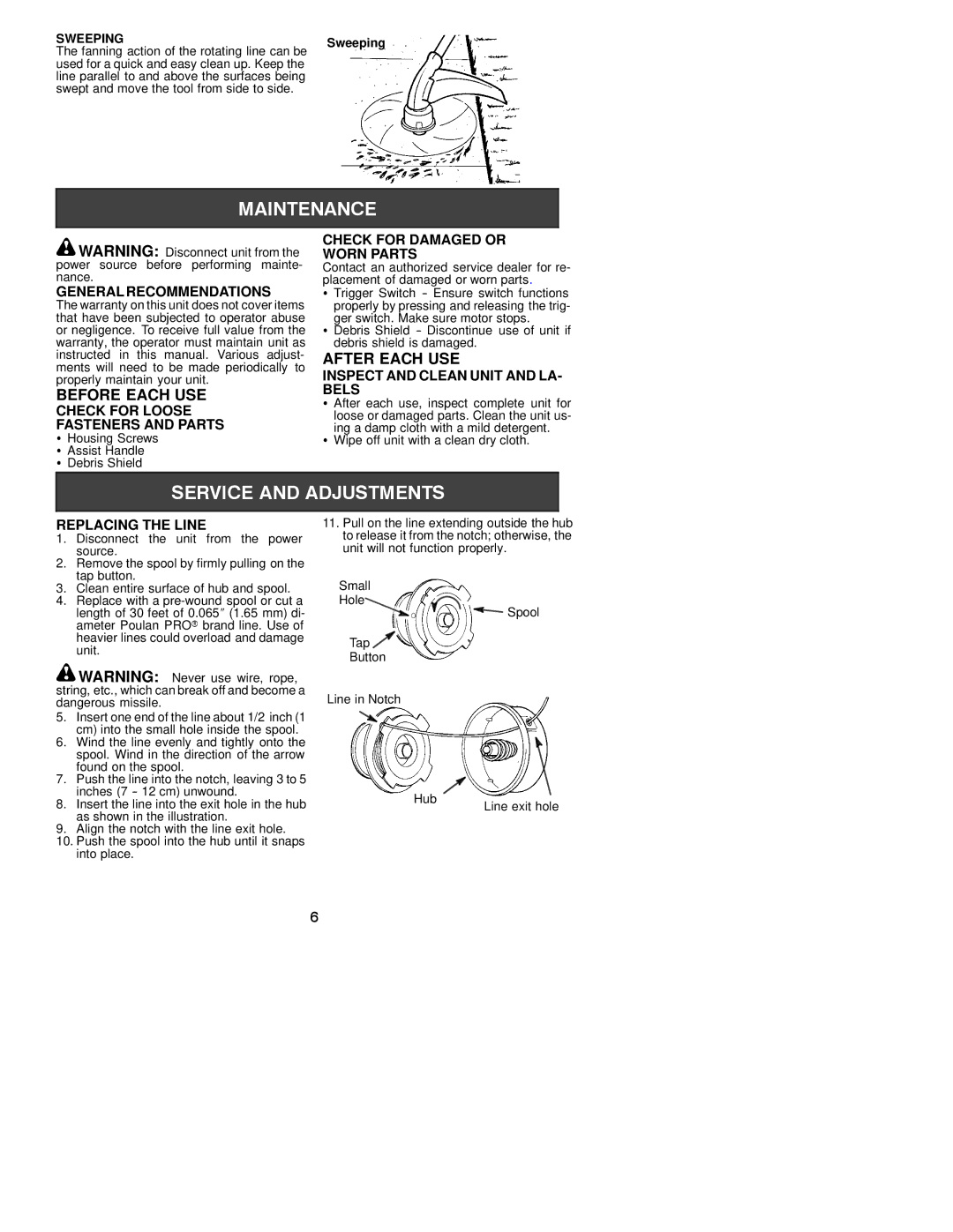 Poulan ET17 instruction manual Before Each USE, After Each USE 