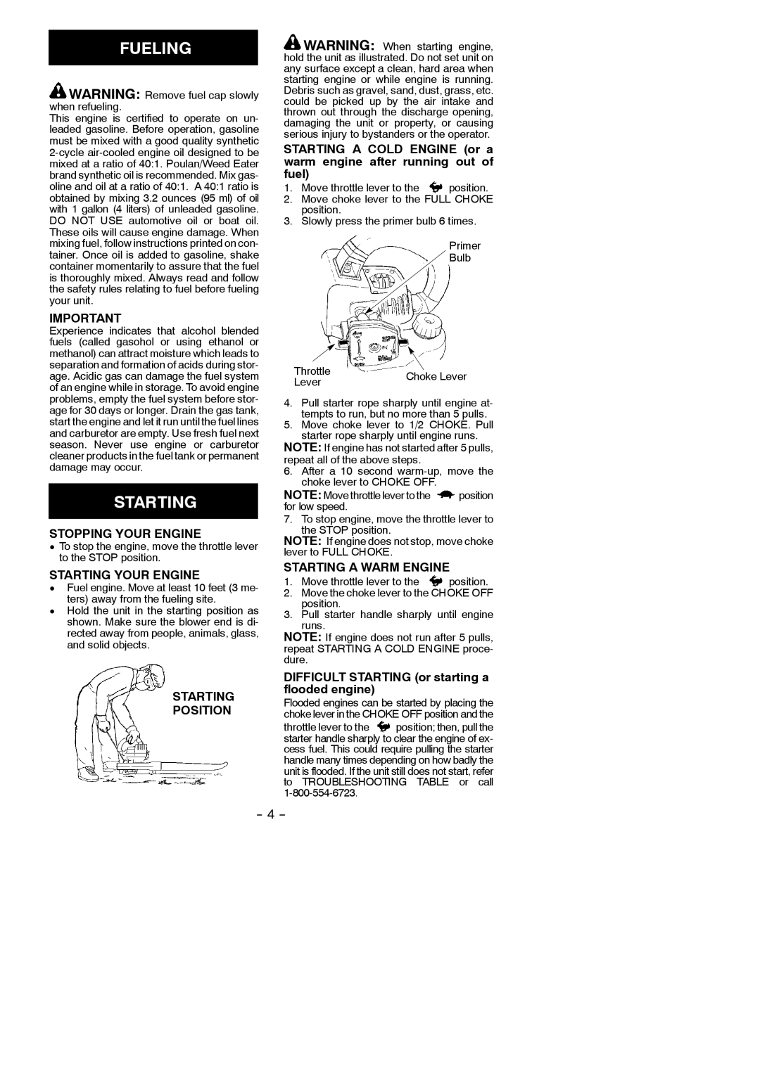 Poulan FL1500 LE instruction manual Fueling, Starting 