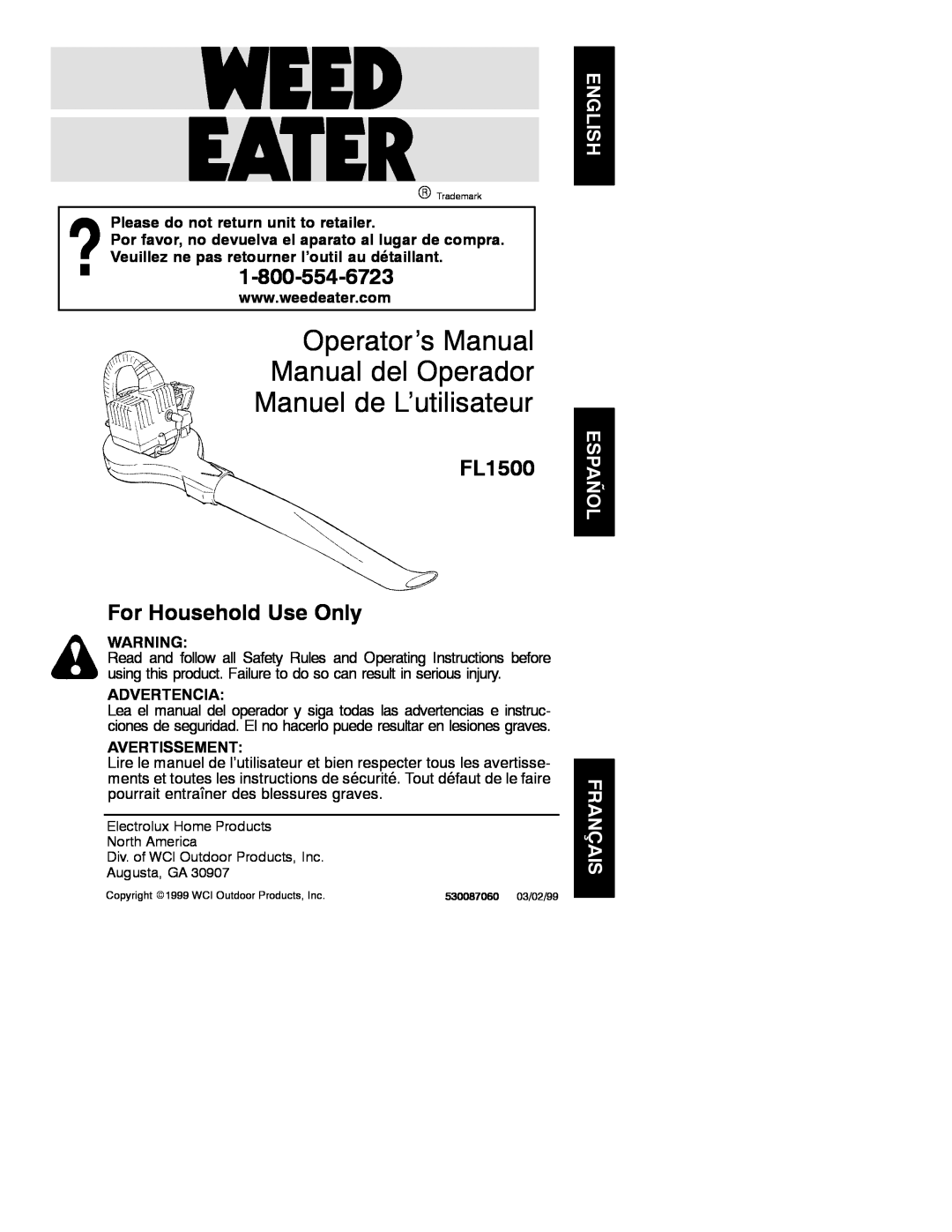 Poulan manual Operator’s Manual Manual del Operador, Manuel de L’utilisateur, FL1500 For Household Use Only 