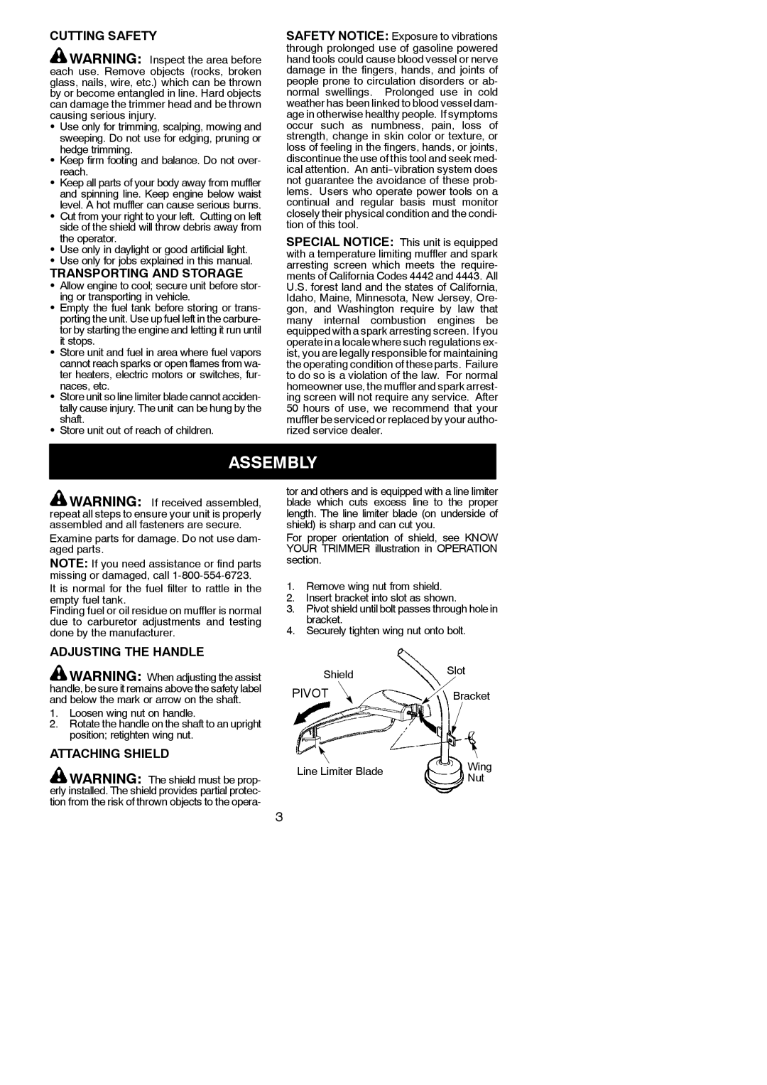 Poulan FL20 instruction manual Assembly, Cutting Safety, Transporting and Storage, Adjusting the Handle, Attaching Shield 