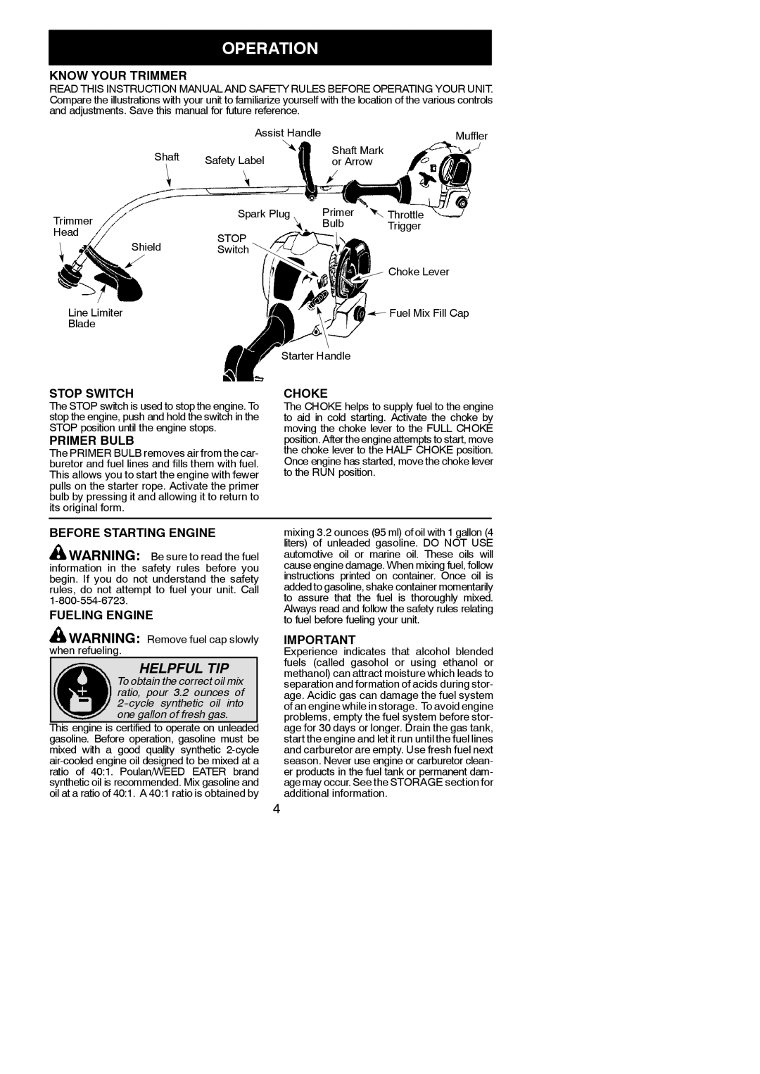 Poulan FL20 instruction manual Operation 