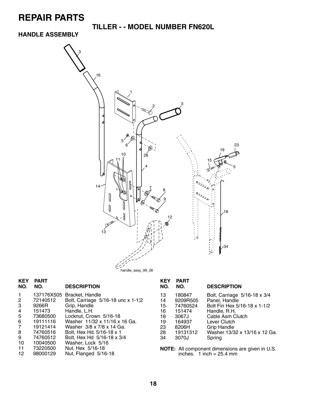 Poulan owner manual Tiller - Model Number FN620L, Handle Assembly, KEY Part NO. NO. Description, KEY Part Description 