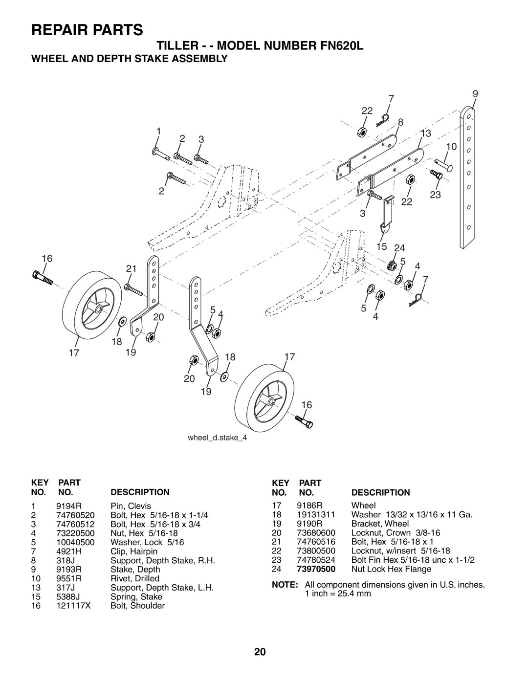 Poulan FN620L owner manual Wheel and Depth Stake Assembly, 9194R Pin, Clevis, 9186R Wheel 