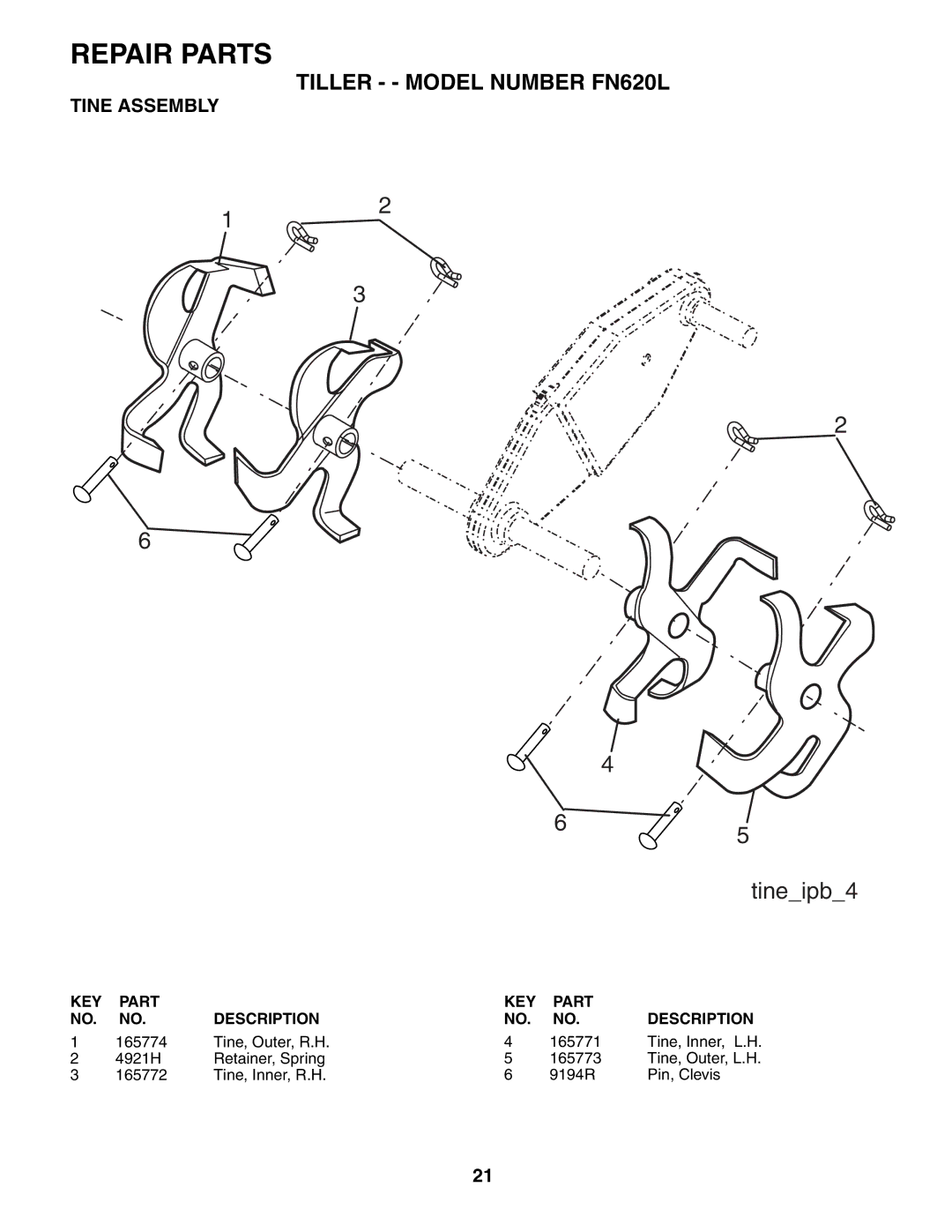 Poulan FN620L owner manual Tineipb4, Tine Assembly 