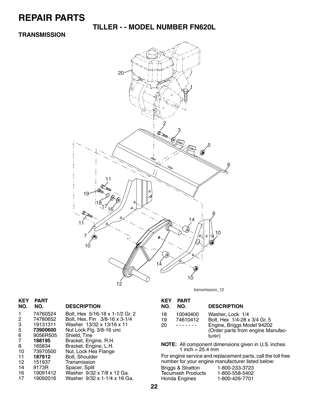 Poulan FN620L owner manual Transmission, 73900600, 187912 