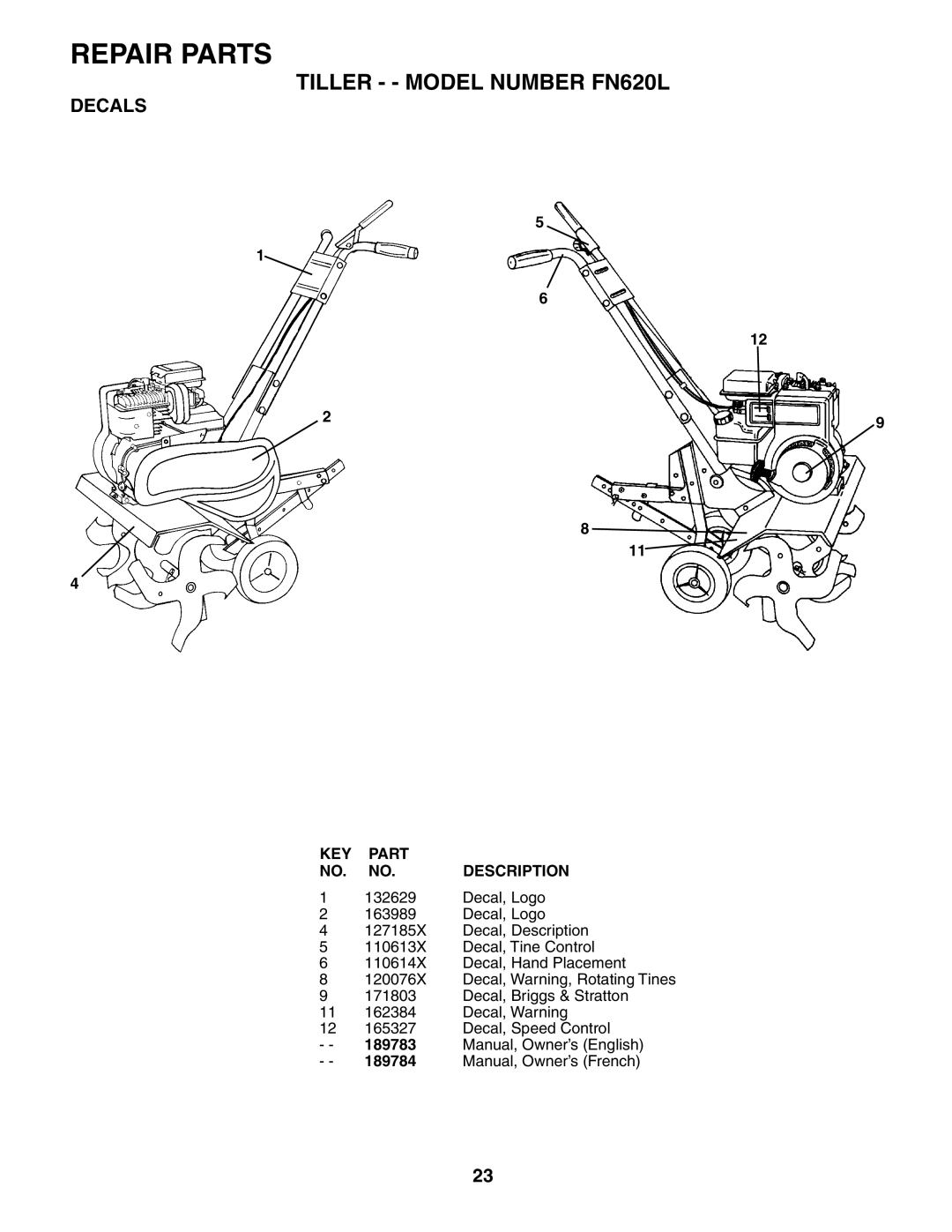 Poulan FN620L owner manual Decals, 189783, 189784 