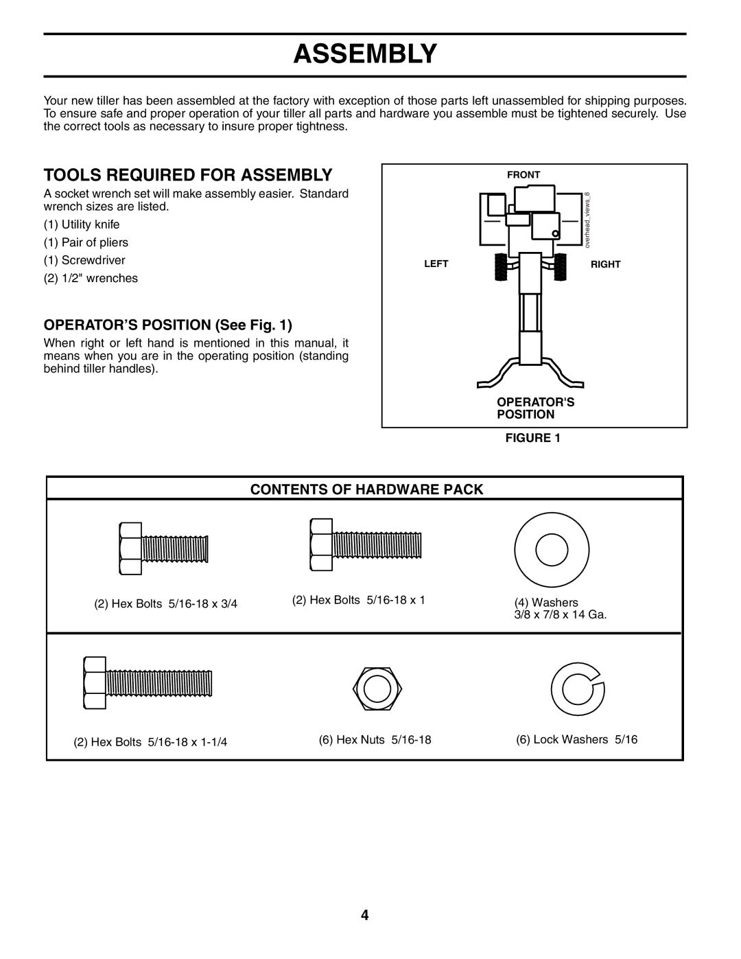 Poulan FN620L owner manual Tools Required for Assembly, Contents of Hardware Pack 