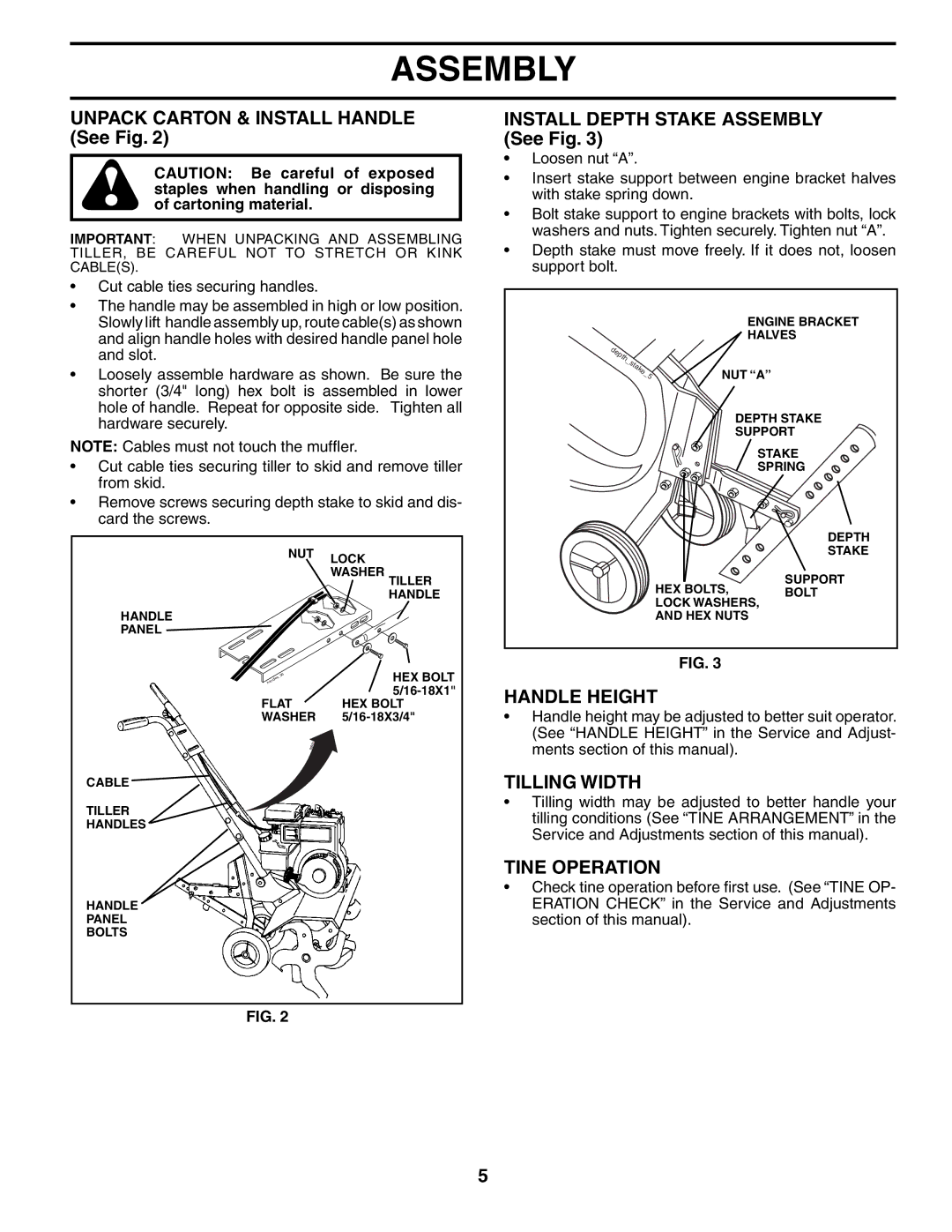 Poulan FN620L Unpack Carton & Install Handle See Fig, Install Depth Stake Assembly See Fig, Handle Height, Tilling Width 