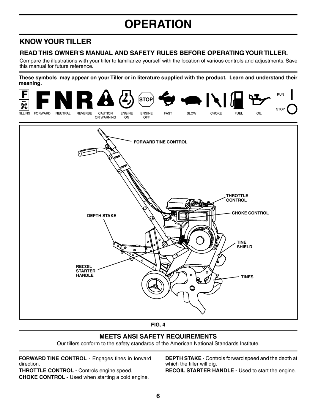 Poulan FN620L owner manual Operation, Know Your Tiller, Meets Ansi Safety Requirements 