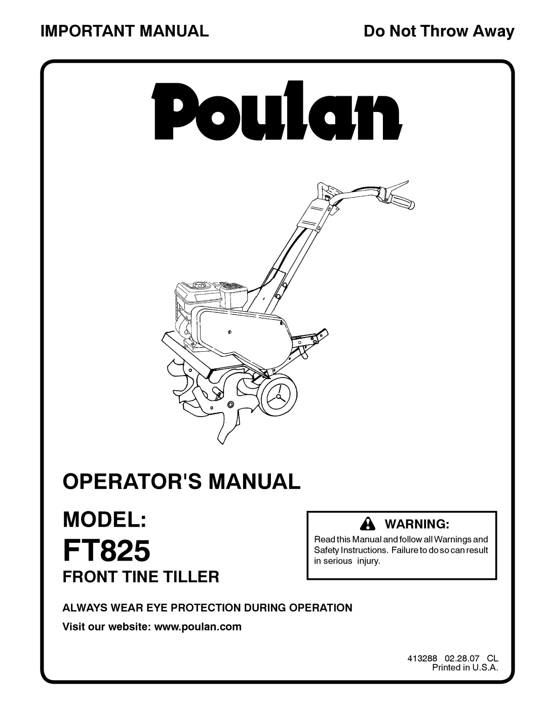 Poulan FT825 manual Operators Manual Model 