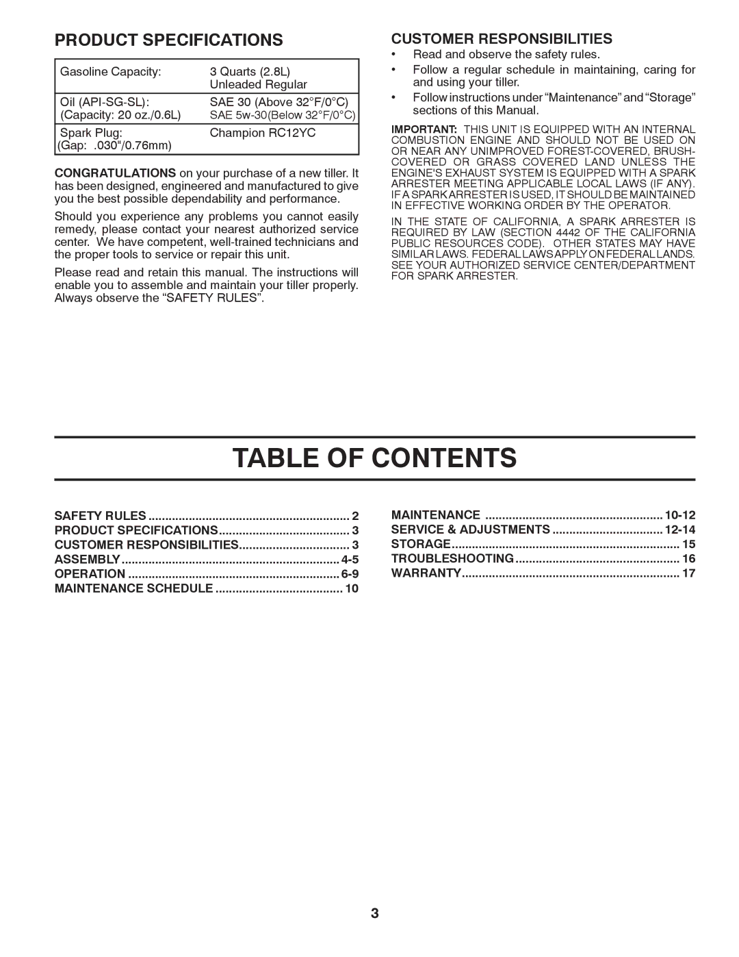 Poulan FT825 manual Table of Contents 