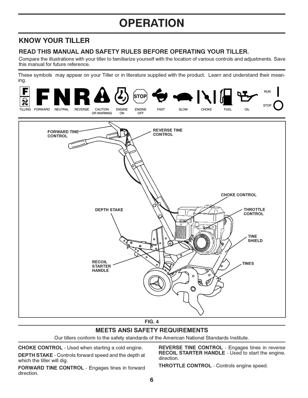 Poulan FT825 manual Operation, Know Your Tiller, Meets Ansi Safety Requirements 