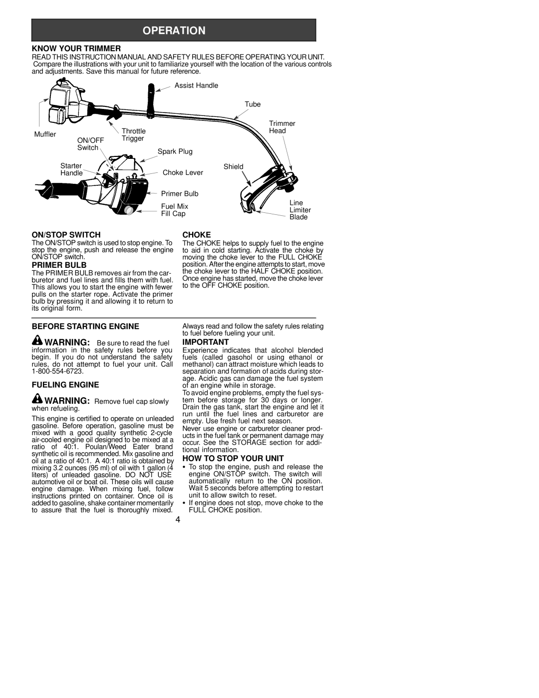 Poulan FX25 LE, XT250 LE Know Your Trimmer, ON/STOP Switch Choke, Primer Bulb, Before Starting Engine, Fueling Engine 