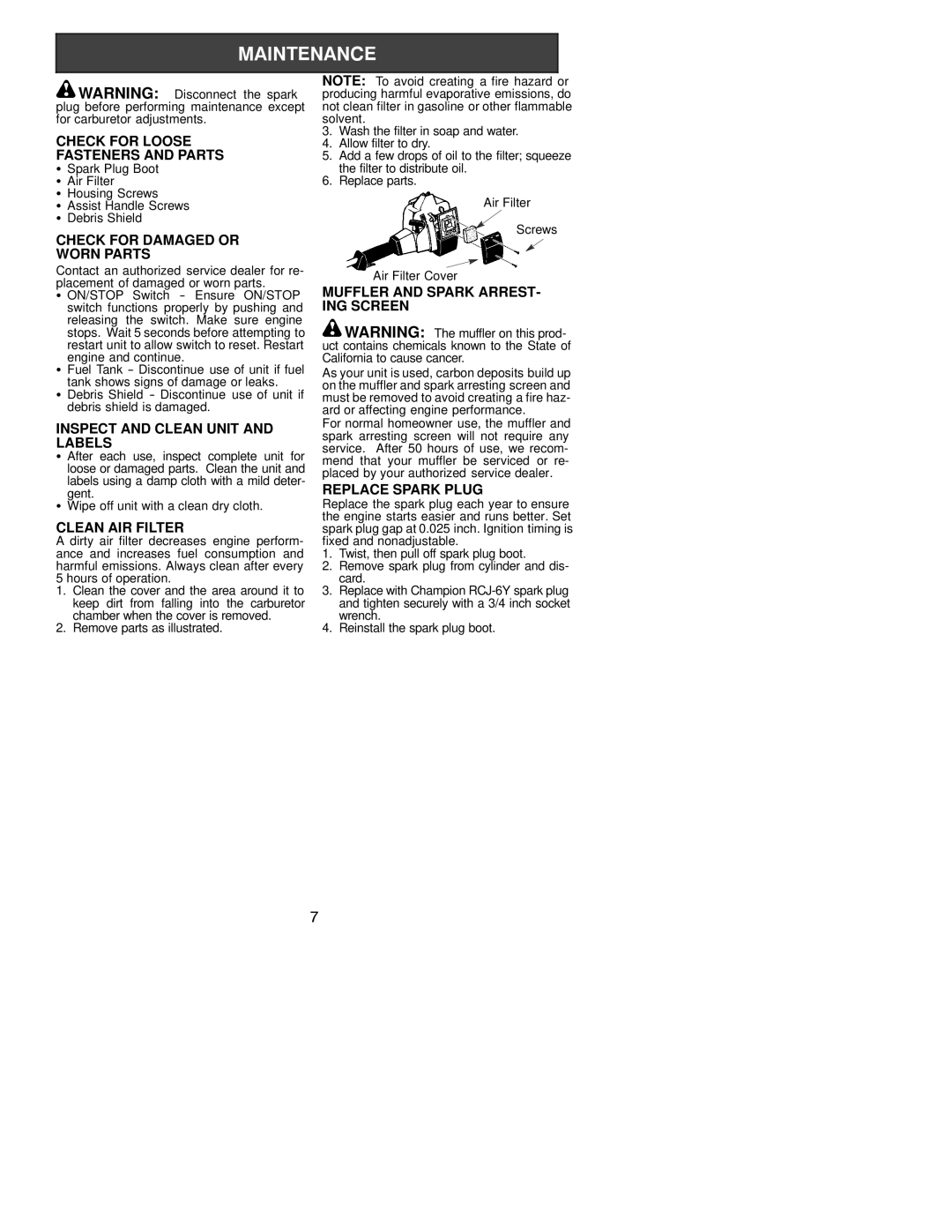 Poulan FX25 LE, XT250 LE Check for Loose Fasteners and Parts, Check for Damaged or Worn Parts, Clean AIR Filter 