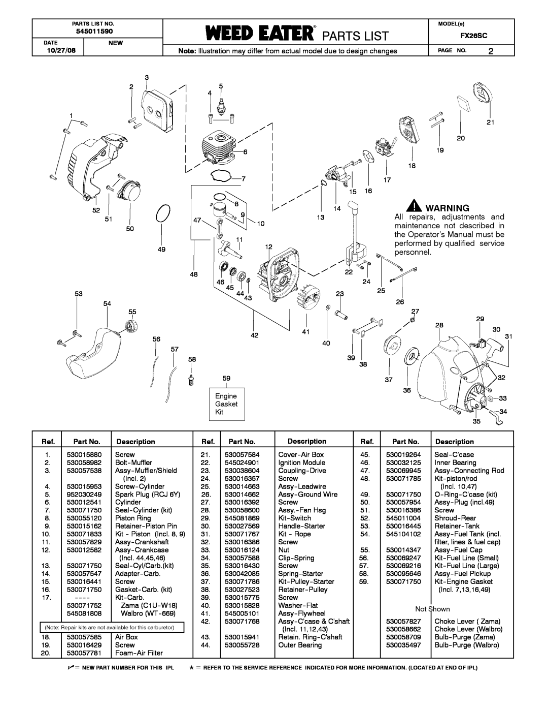 Poulan FX26SC manual Parts List, Poulanparamountpoulanpro Partslistst, 14WARNING, 545011590, 10/27/08, Description 