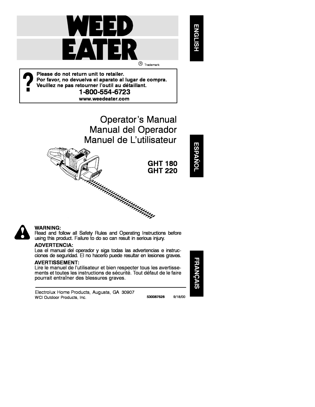 Poulan GHT 180 manual Operator’s Manual Manual del Operador Manuel de L’utilisateur, Ght Ght, Advertencia, Avertissement 