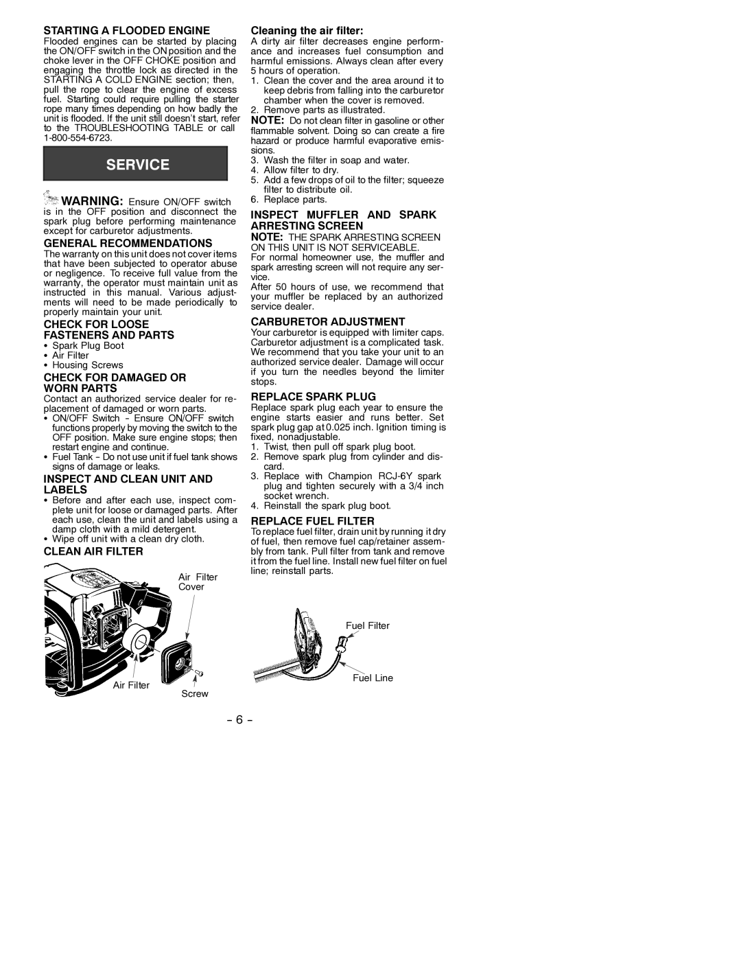 Poulan GHT 22 Starting a Flooded Engine, General Recommendations, Check for Loose Fasteners and Parts, Clean AIR Filter 