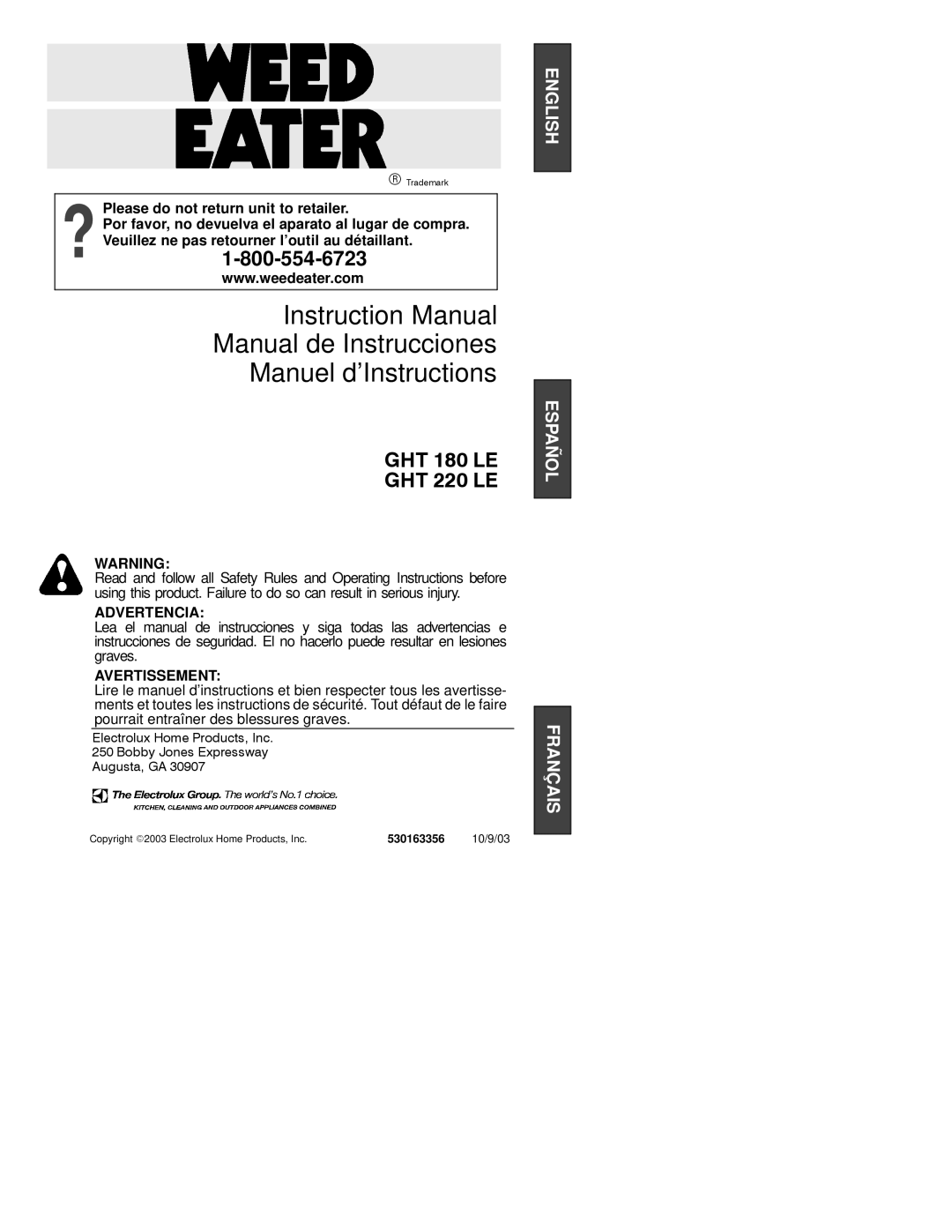 Poulan GHT 180 LE, GHT 220 LE instruction manual 530163356, 10/9/03 