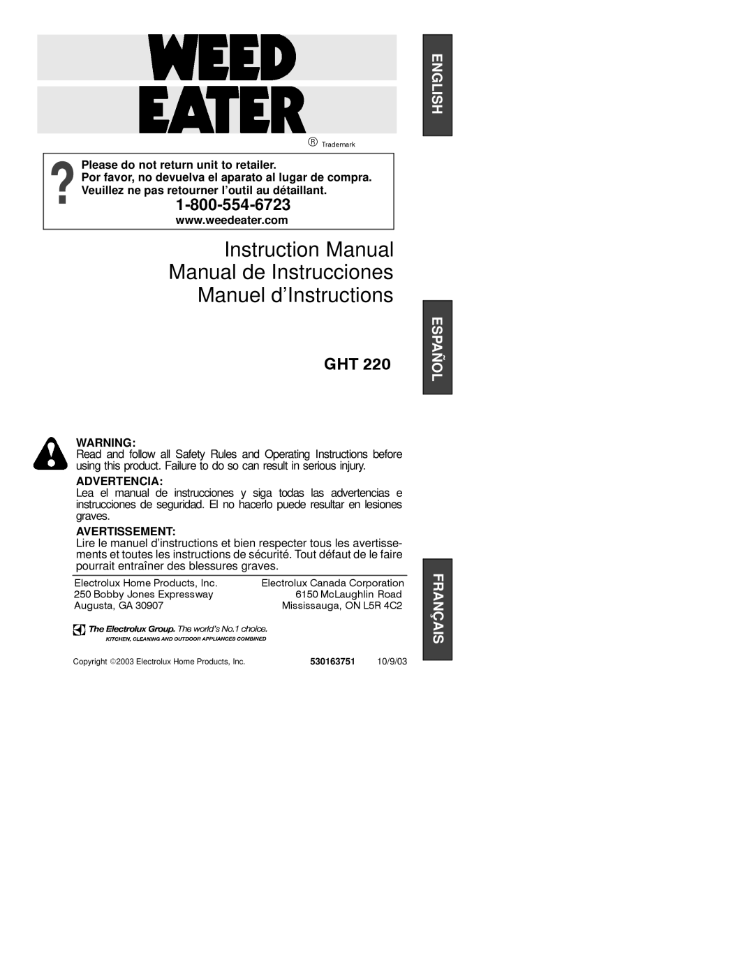 Poulan GHT 220 instruction manual 530163751, 10/9/03 