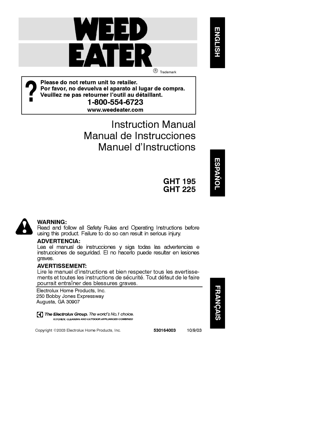 Poulan GHT 195, GHT 225 instruction manual Manual de Instrucciones Manuel d’Instructions, 10/9/03 