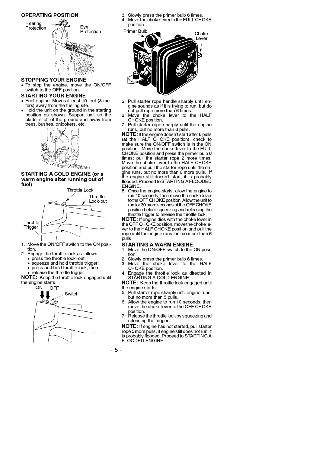 Poulan GHT 195, GHT 225 Operating Position, Stopping Your Engine, Starting Your Engine, Starting a Warm Engine 