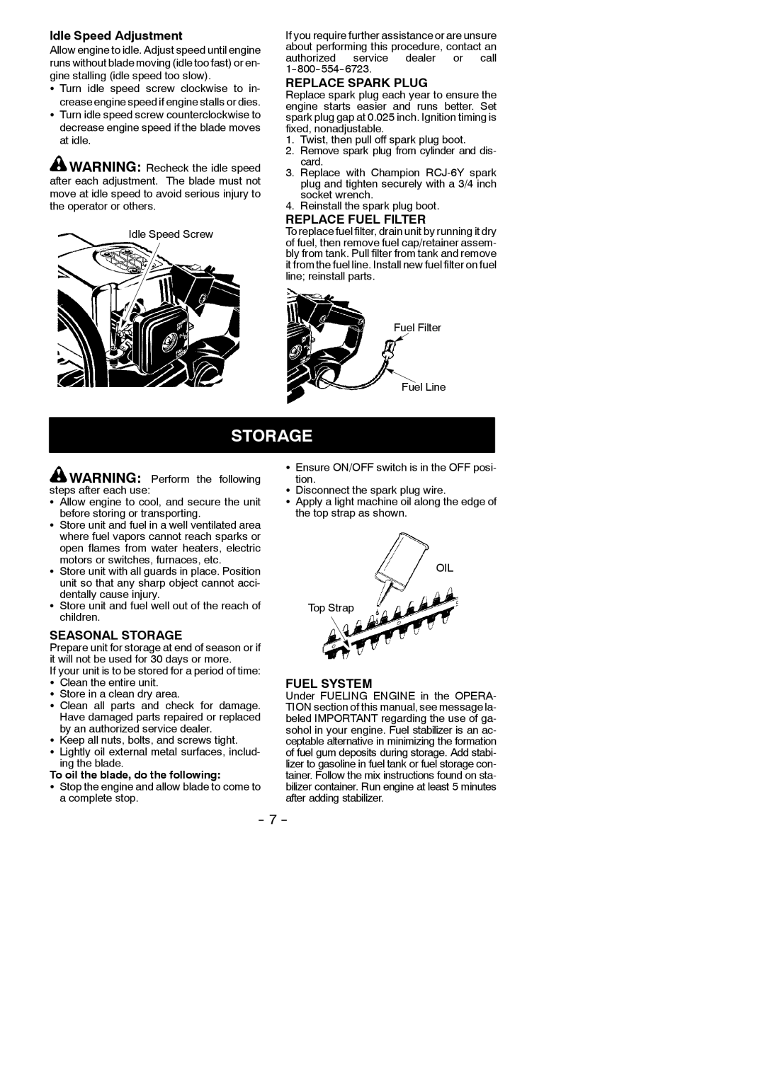 Poulan GHT 195, GHT 225 instruction manual Replace Spark Plug, Replace Fuel Filter, Seasonal Storage, Fuel System 