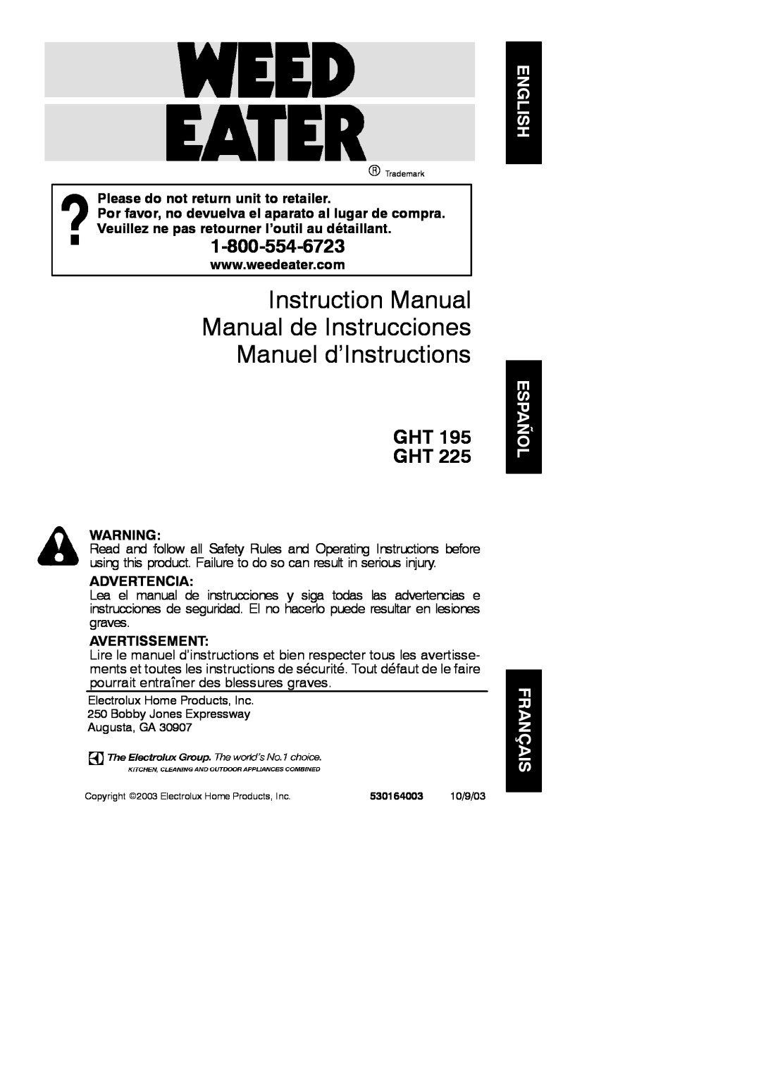 Poulan GHT 195 instruction manual English Español Français, Please do not return unit to retailer, Advertencia, Ght Ght 