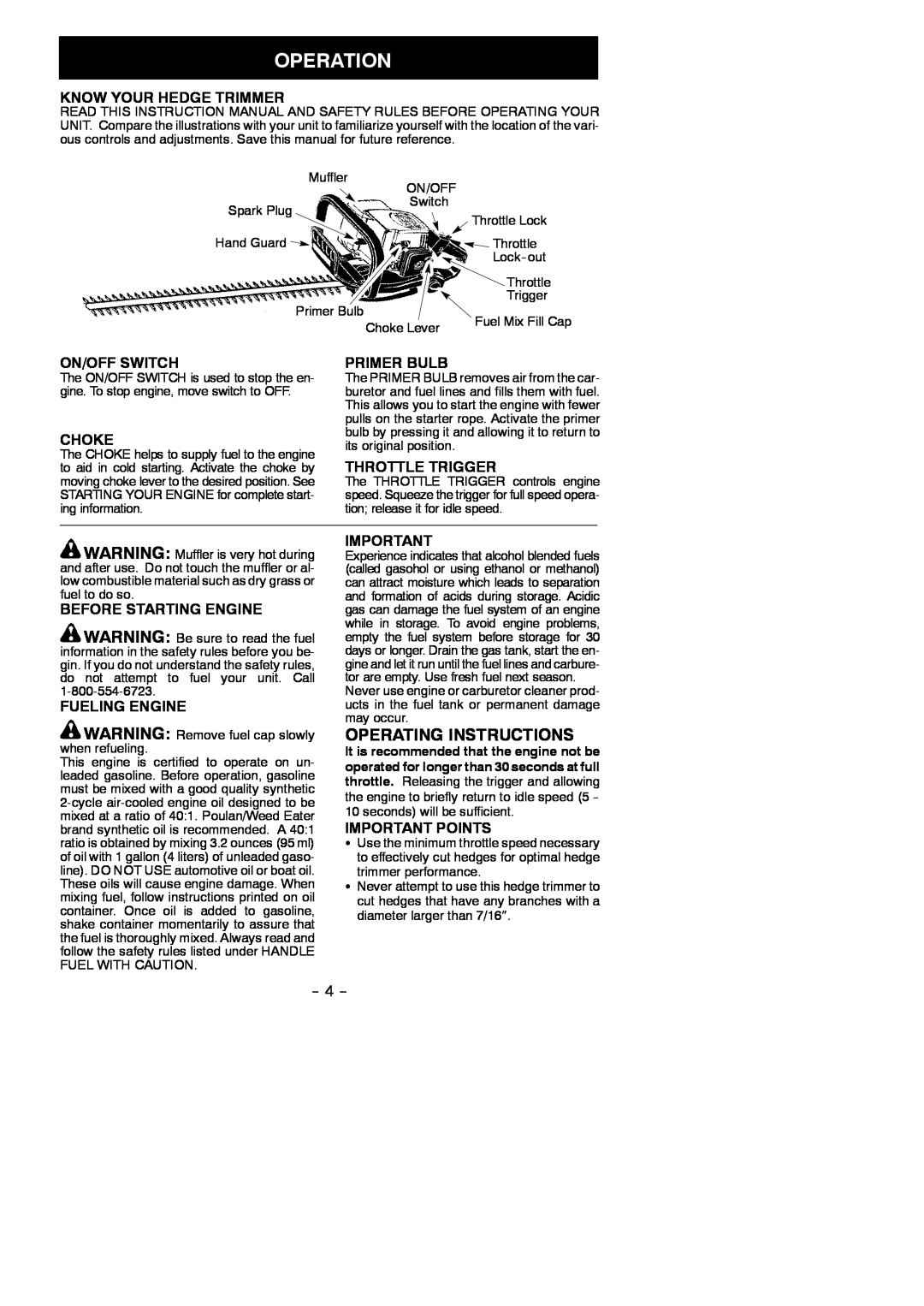 Poulan GHT 225, GHT 195 Operation, Operating Instructions, Know Your Hedge Trimmer, On/Off Switch, Primer Bulb, Choke 