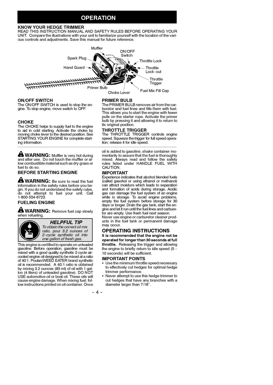 Poulan GHT195, GHT225 instruction manual Operation 