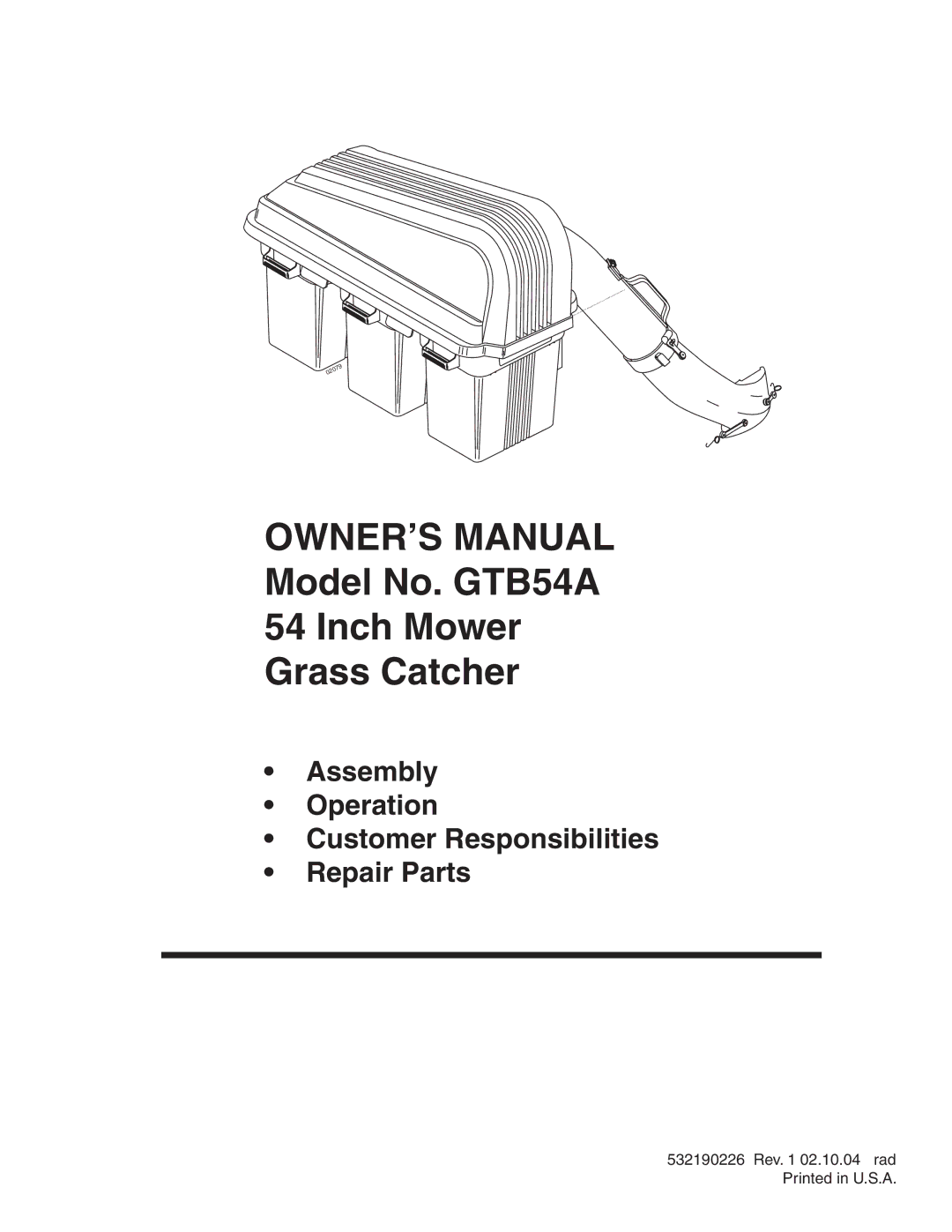 Poulan 532190226 owner manual Model No. GTB54A Inch Mower Grass Catcher 