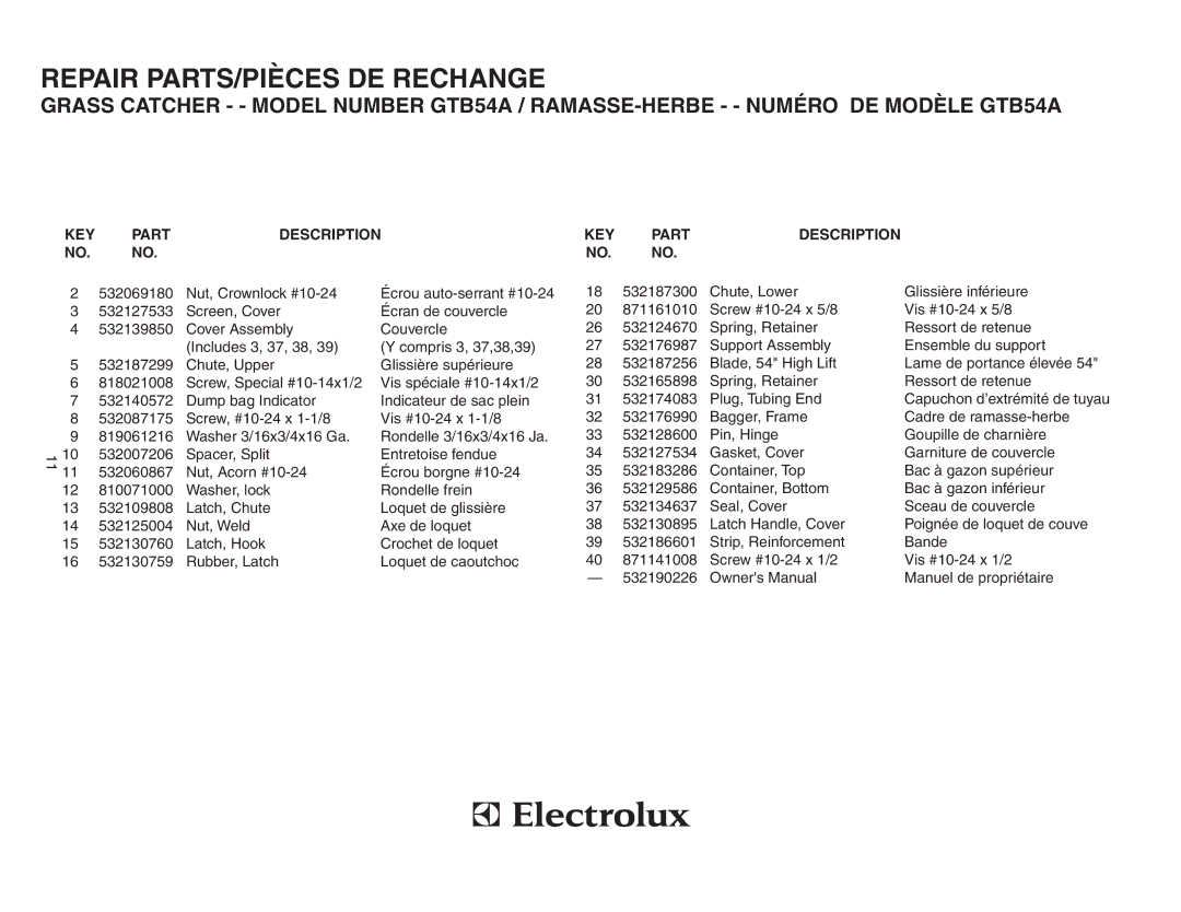 Poulan 532190226, GTB54A owner manual KEY Part Description 