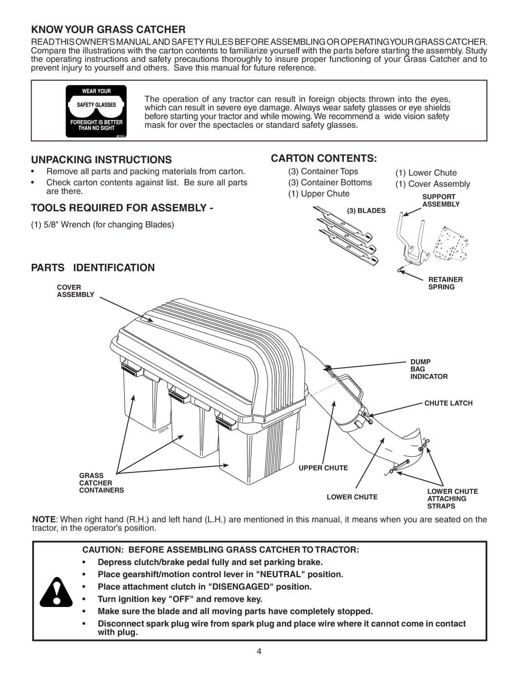 Poulan GTB54A Know Your Grass Catcher, Unpacking Instructions, Tools Required for Assembly, Parts Identification 