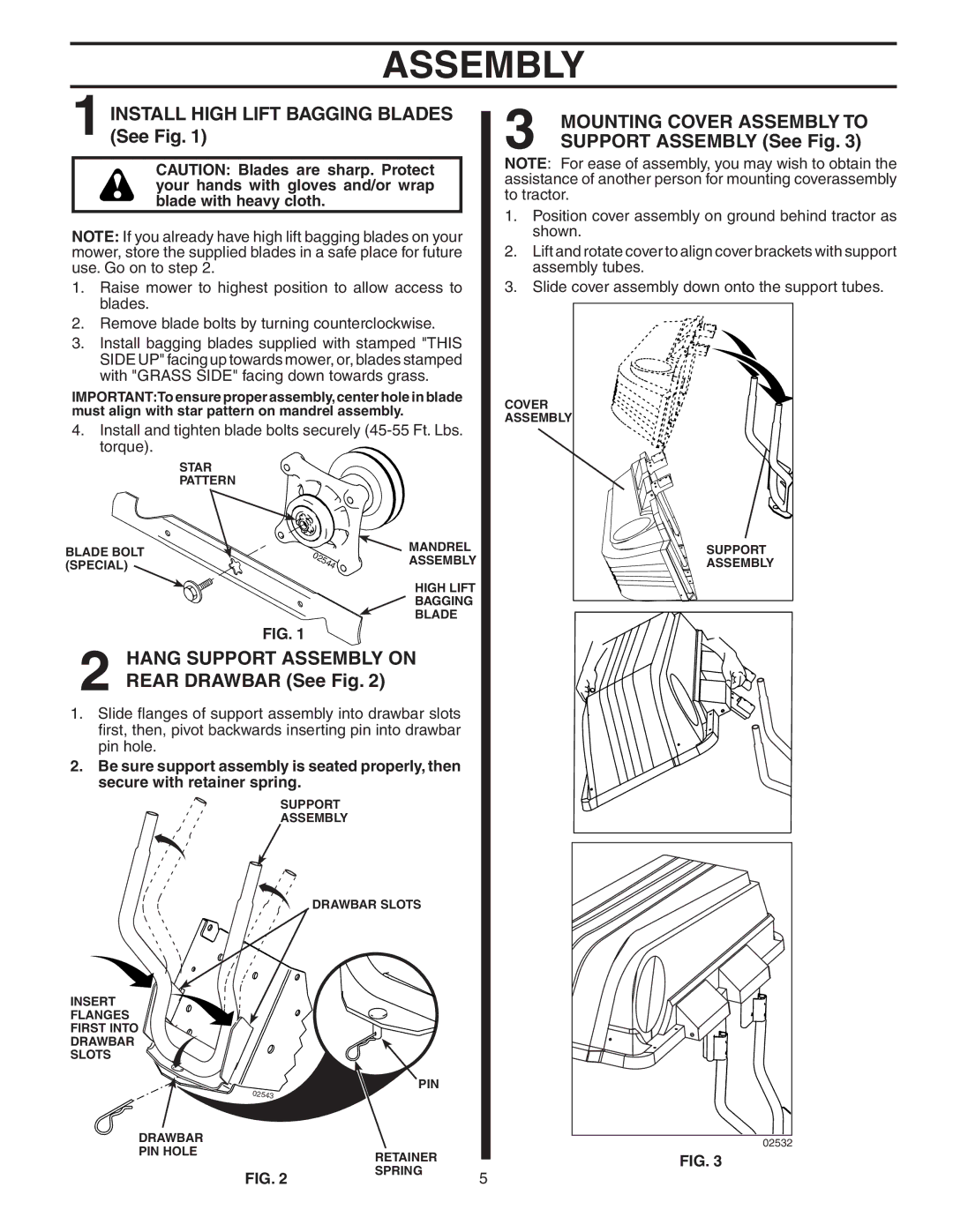 Poulan 532190226, GTB54A Install High Lift Bagging Blades See Fig, Hang Support Assembly on Rear Drawbar See Fig 