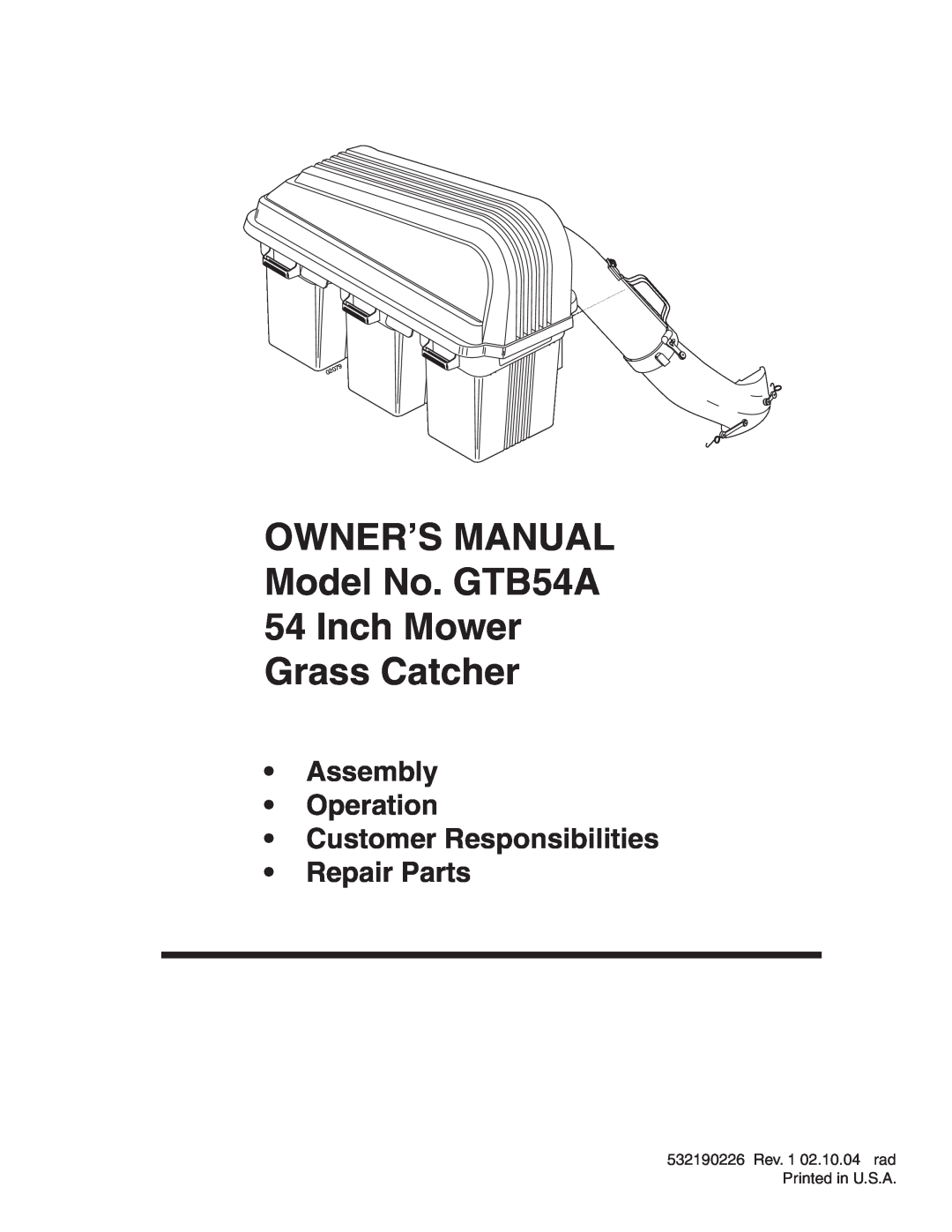Poulan 532190226, GTB54A owner manual Assembly Operation Customer Responsibilities Repair Parts, 02079 