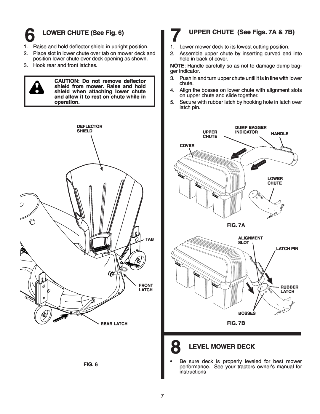 Poulan 532190226, GTB54A owner manual LOWER CHUTE See Fig, UPPER CHUTE See Figs. 7A & 7B, Level Mower Deck 