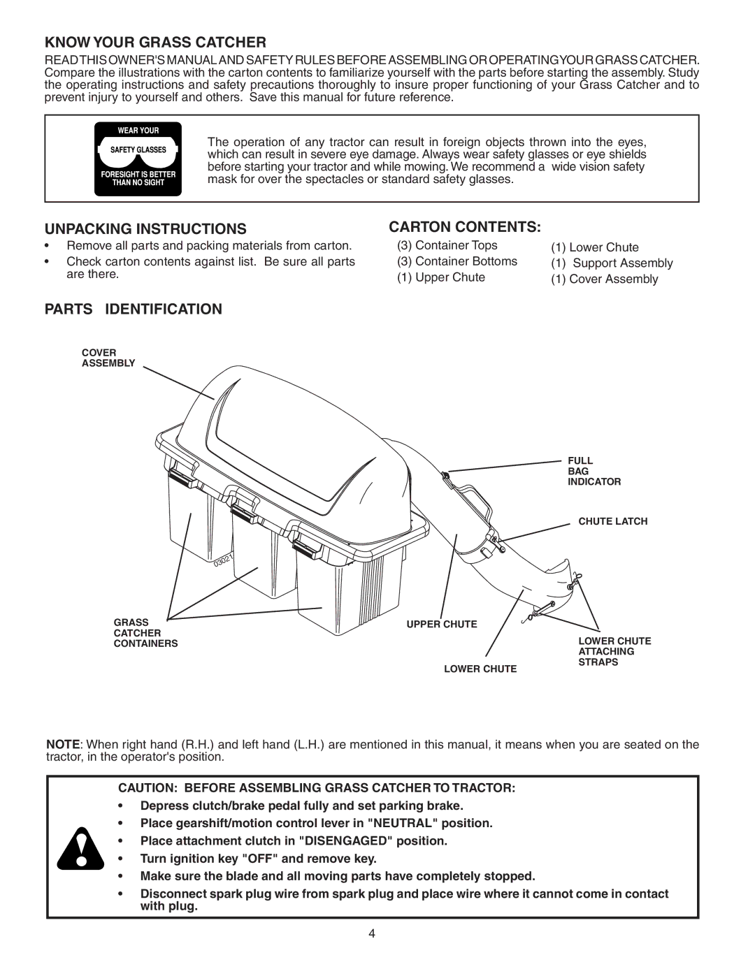 Poulan GTT342, 96072001100 Know Your Grass Catcher, Unpacking Instructions, Carton Contents, Parts Identification 