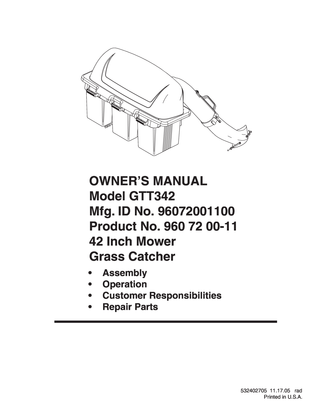 Poulan 96072001100 owner manual OWNER’S MANUAL Model GTT342 Mfg. ID No Product No. 960 72, Inch Mower Grass Catcher 