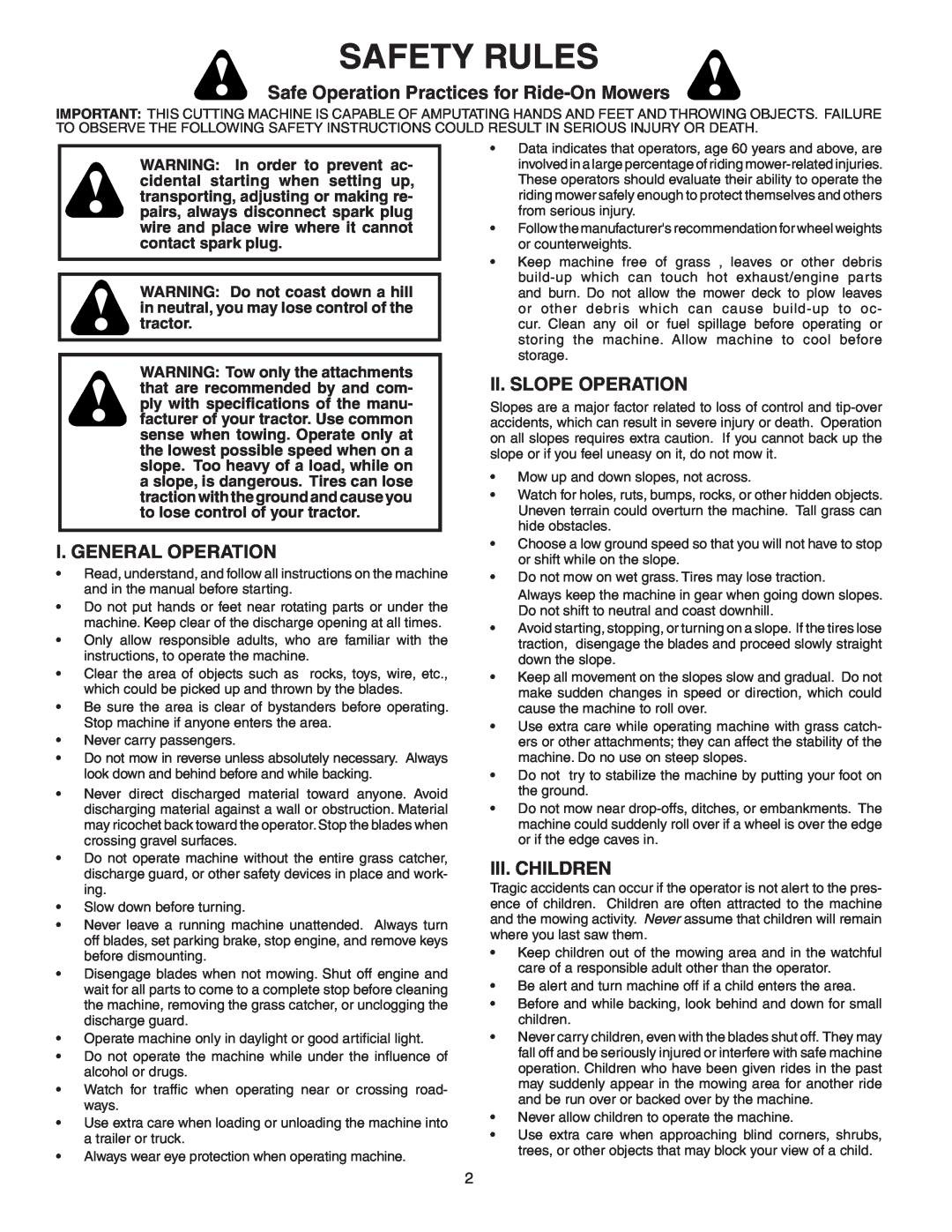 Poulan 960 72 00-11 Safety Rules, Safe Operation Practices for Ride-On Mowers, I. General Operation, Ii. Slope Operation 