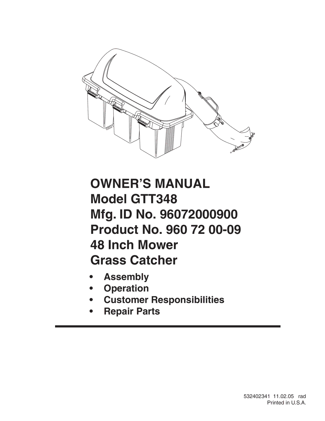 Poulan 532402341, GTT348, 960 72 00-09, 96072000900 owner manual Assembly Operation Customer Responsibilities Repair Parts 