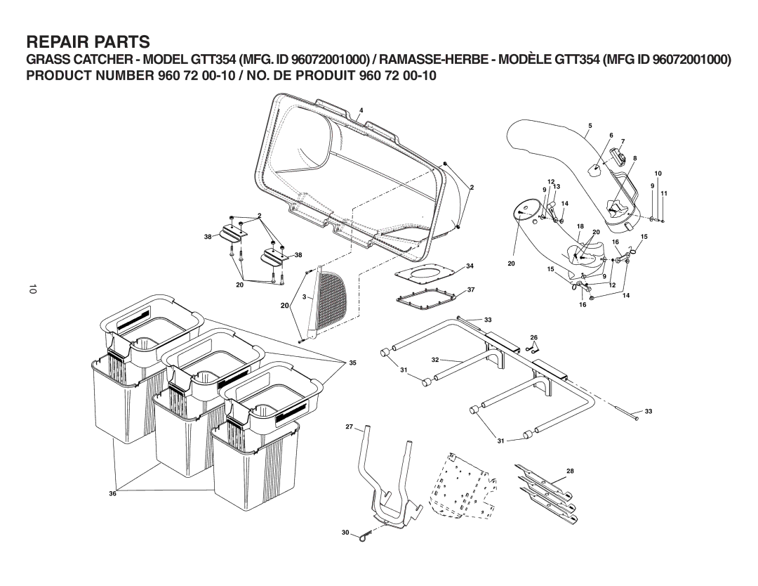 Poulan 96072001000, GTT354, 960 72 00-10 owner manual Repair Parts 