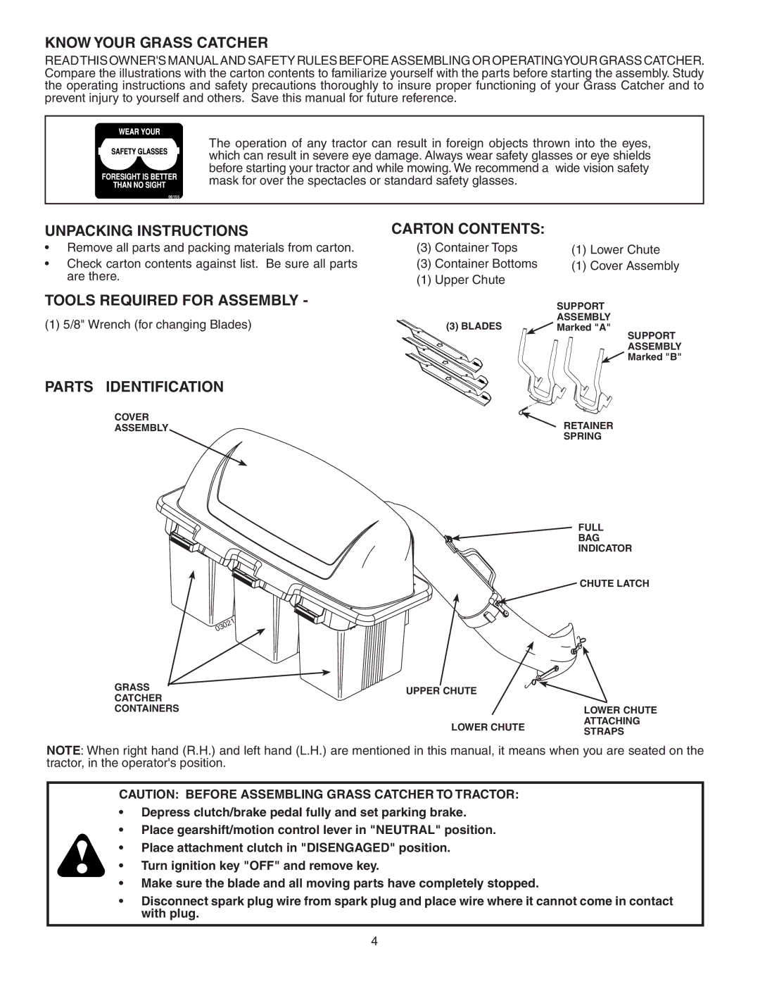 Poulan 96072001000 Know Your Grass Catcher, Unpacking Instructions, Tools Required for Assembly, Parts Identification 