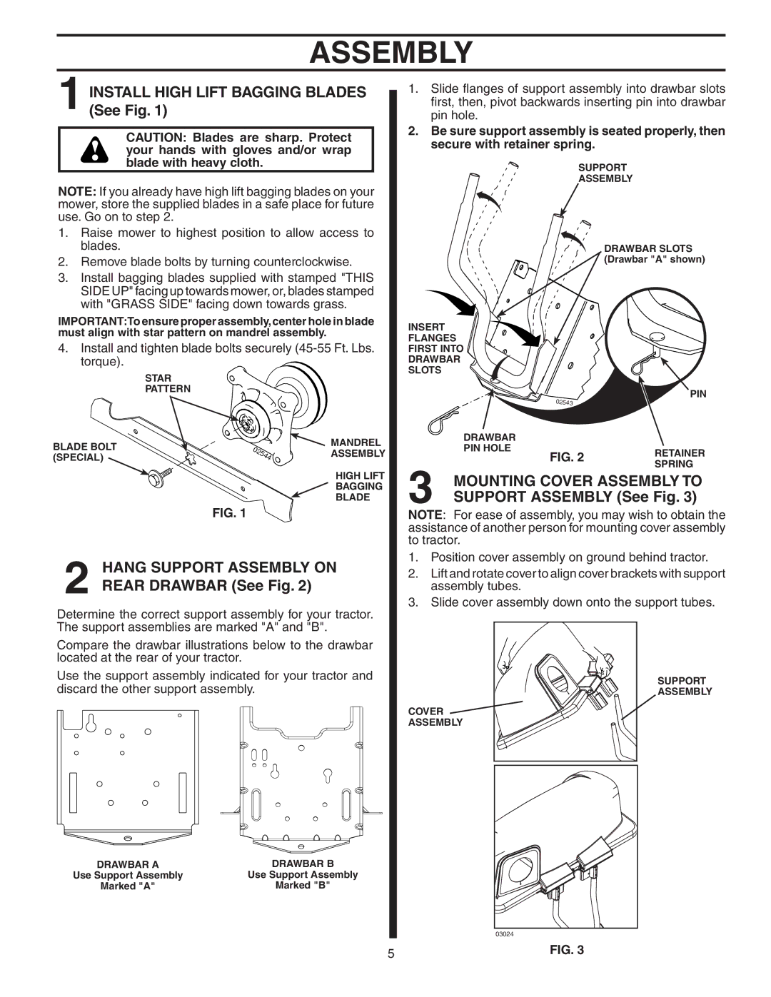 Poulan 960 72 00-10, GTT354 Install High Lift Bagging Blades See Fig, Hang Support Assembly on Rear Drawbar See Fig 