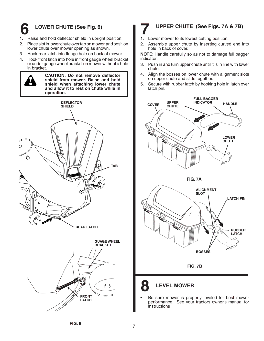 Poulan 96072001000, GTT354, 960 72 00-10 owner manual Lower Chute See Fig, Upper Chute See Figs a & 7B, Level Mower 