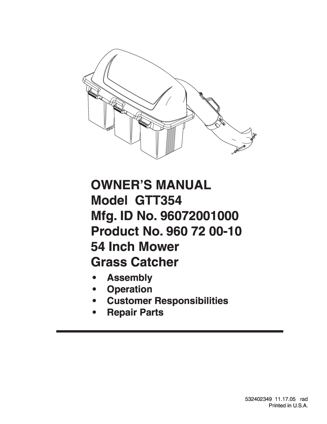 Poulan 96072001000, GTT354, 960 72 00-10 owner manual Product No. 960 72 54 Inch Mower Grass Catcher, Repair Parts 