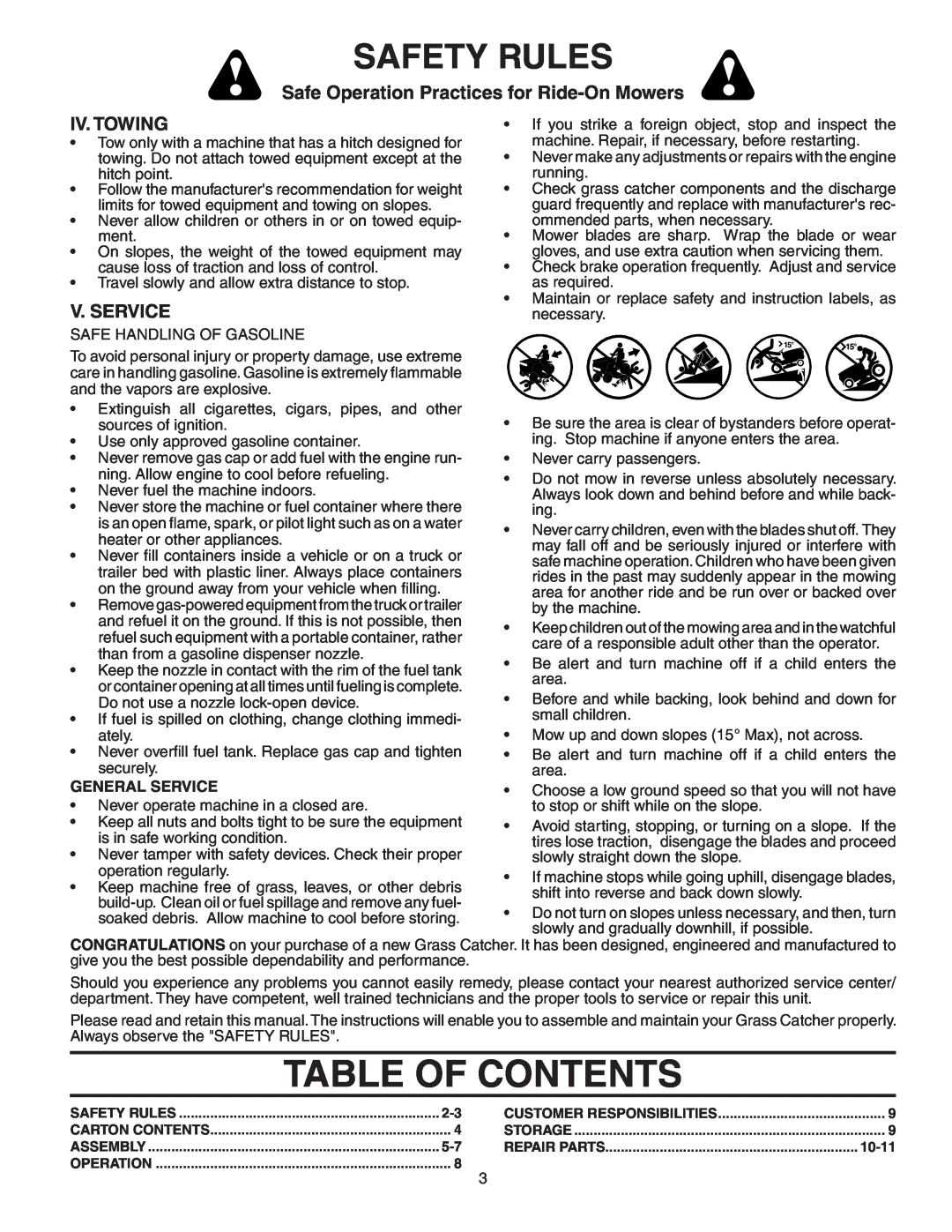Poulan GTT354 Table Of Contents, Iv. Towing, V. Service, Safety Rules, Safe Operation Practices for Ride-OnMowers 