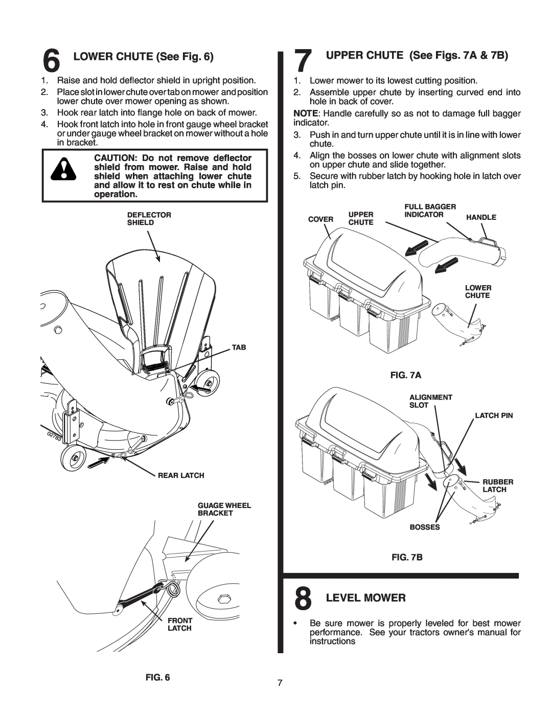 Poulan 96072001000, GTT354, 960 72 00-10 owner manual LOWER CHUTE See Fig, UPPER CHUTE See Figs. 7A & 7B, Level Mower 