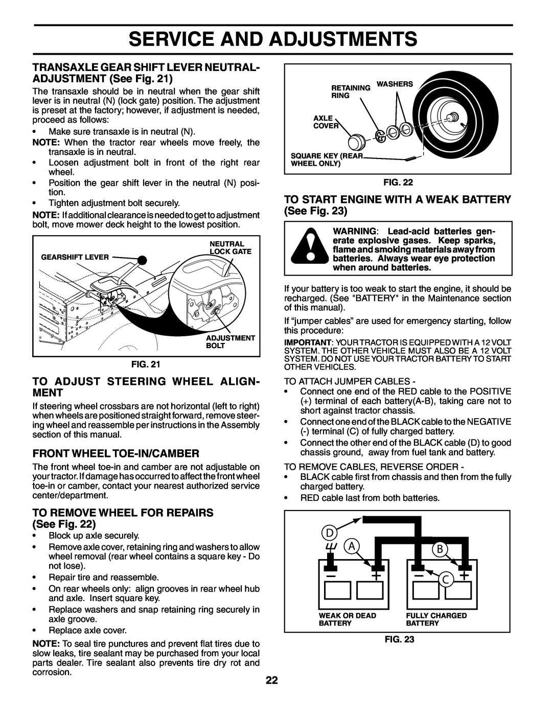 Poulan HD13538 manual To Adjust Steering Wheel Align- Ment, Front Wheel Toe-In/Camber, TO REMOVE WHEEL FOR REPAIRS See Fig 
