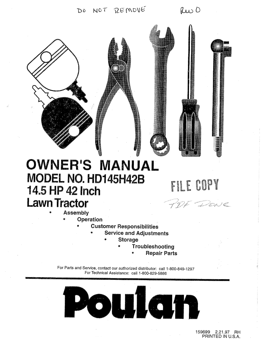 Poulan 159699, HD145H42B manual 