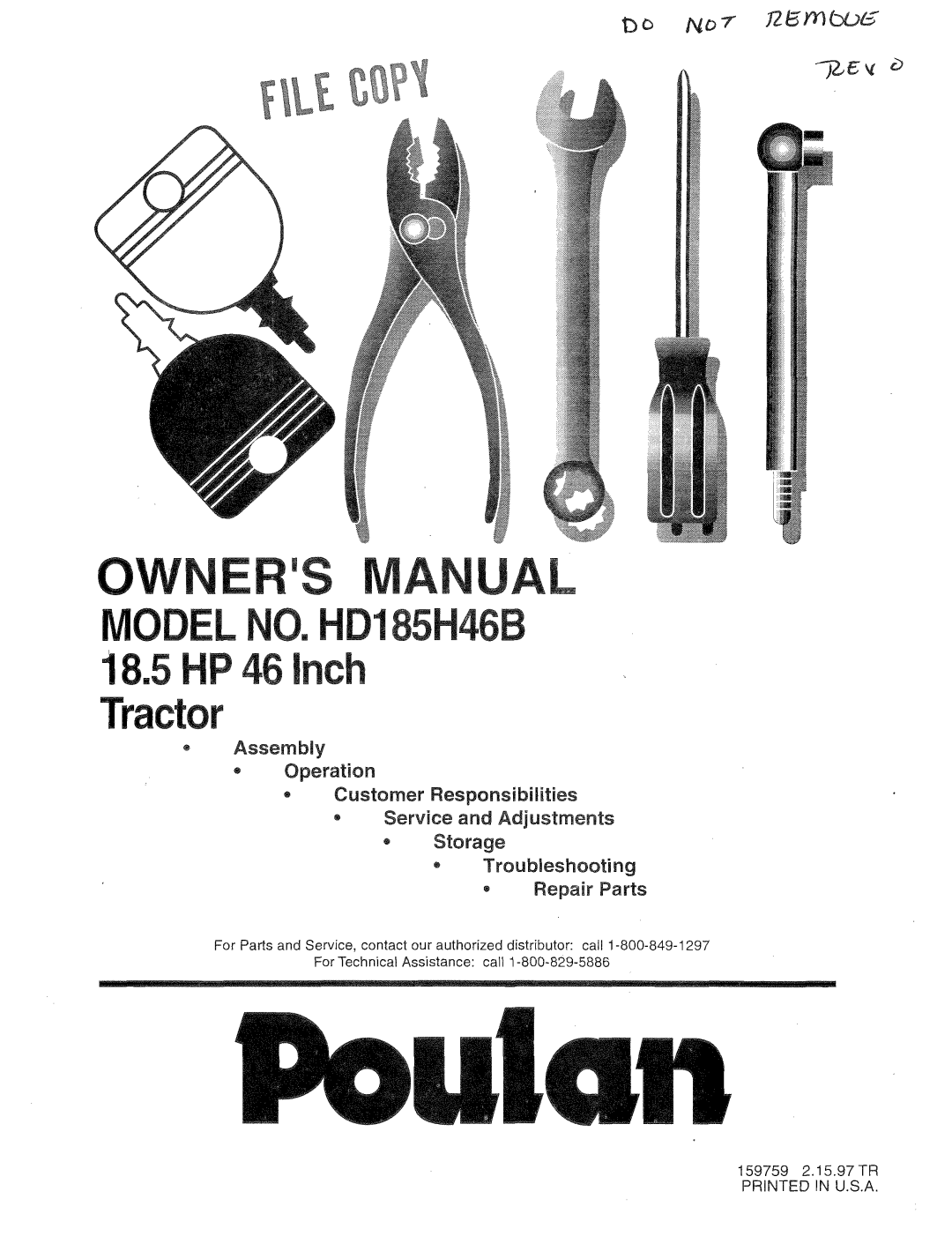 Poulan 159759, HD185H46B manual 